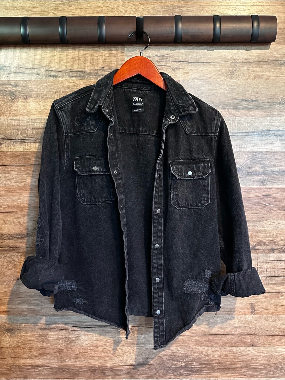 Zara Black Distressed Denim Shacket Jacket Relaxed Fit